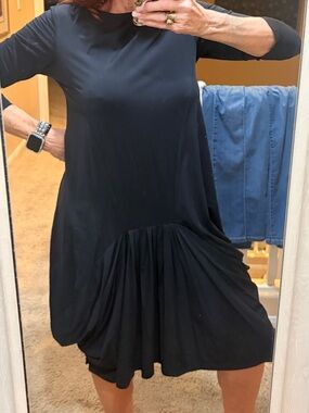 Alembika Navy Artisan Midi Dress with Draped Gathered Hem Oversized Stetchy Med